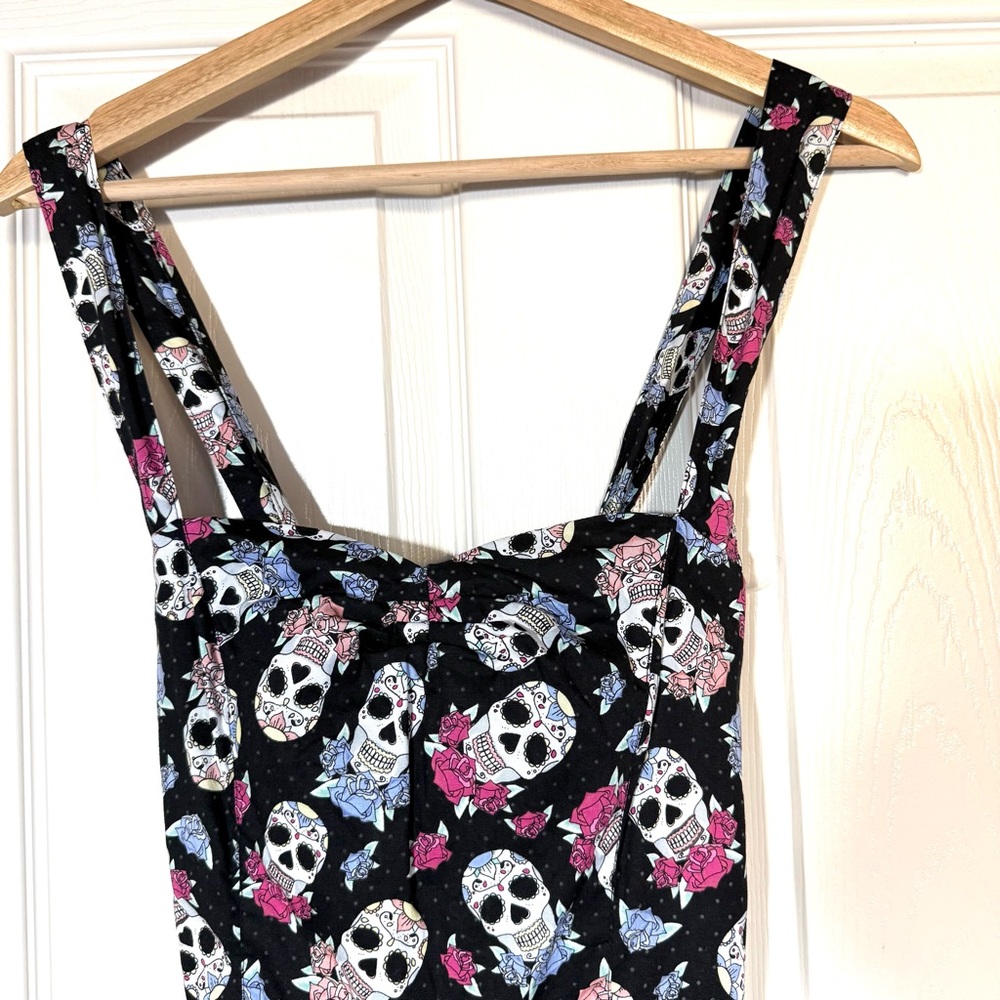 Hell Bunny Muertos 50s Style Smocked Swing Dress Dead Sugar Skull Print Ss M - Picture 3 of 12